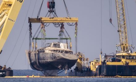 Photos of luxury superyacht that sank off Sicily, killing 7, being lifted from the ocean